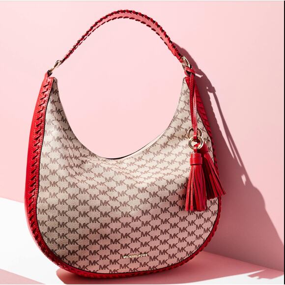 Michael Kors Lauryn Signature Natural Canvas Red Leather Large Shoulder Bag Hobo - Picture 9 of 10